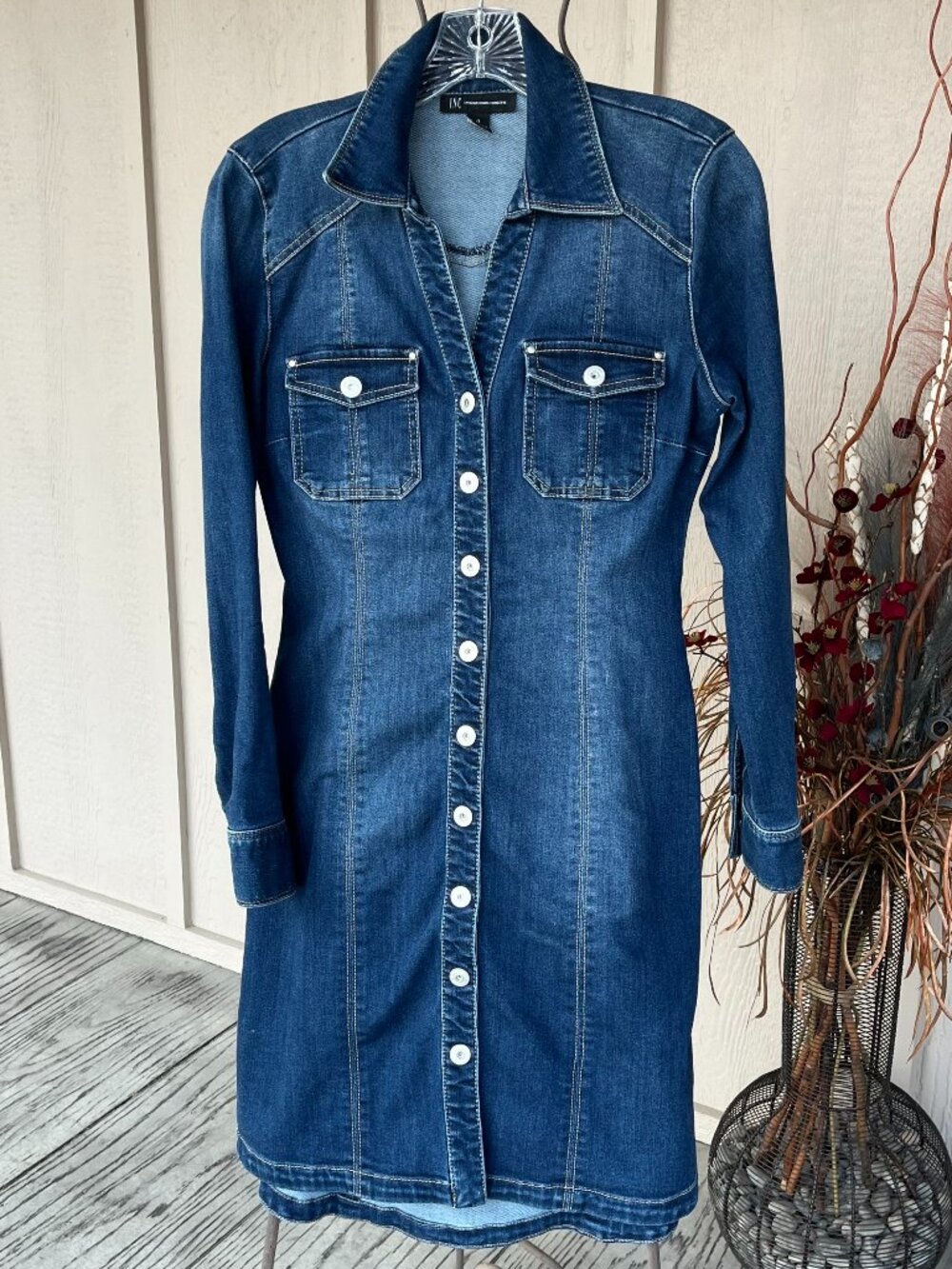 INC Denim Shirt Dress Snap-Front Long Sleeves Blue Wash Denim Collar Size 4